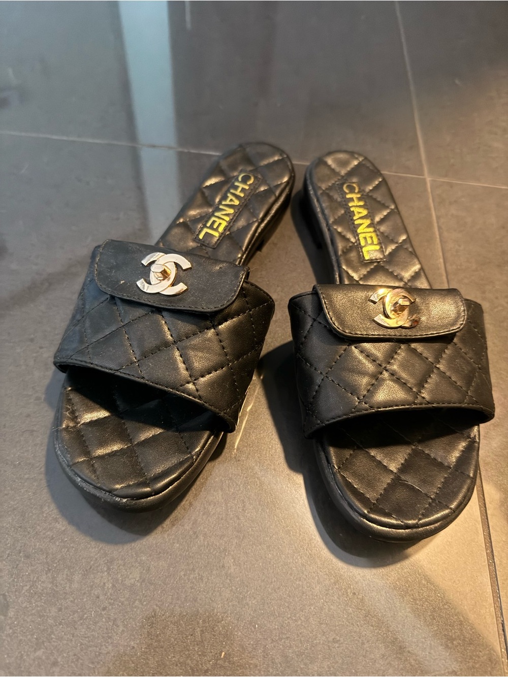 CHANEL Black Quilted Leather Slide Sandals with Gold CC Logos - Picture 3 of 7